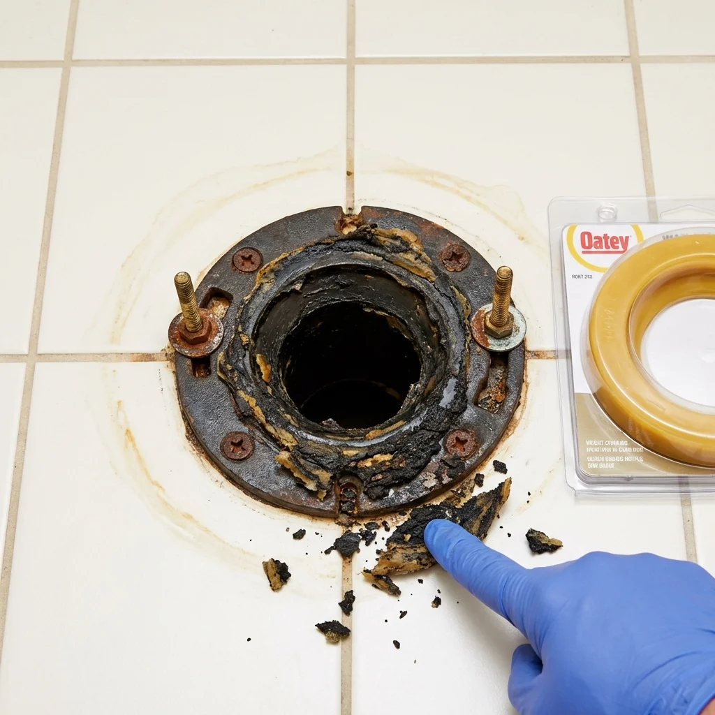 Failed wax ring showing water seepage at the base of a toilet in a Ozark, MO home