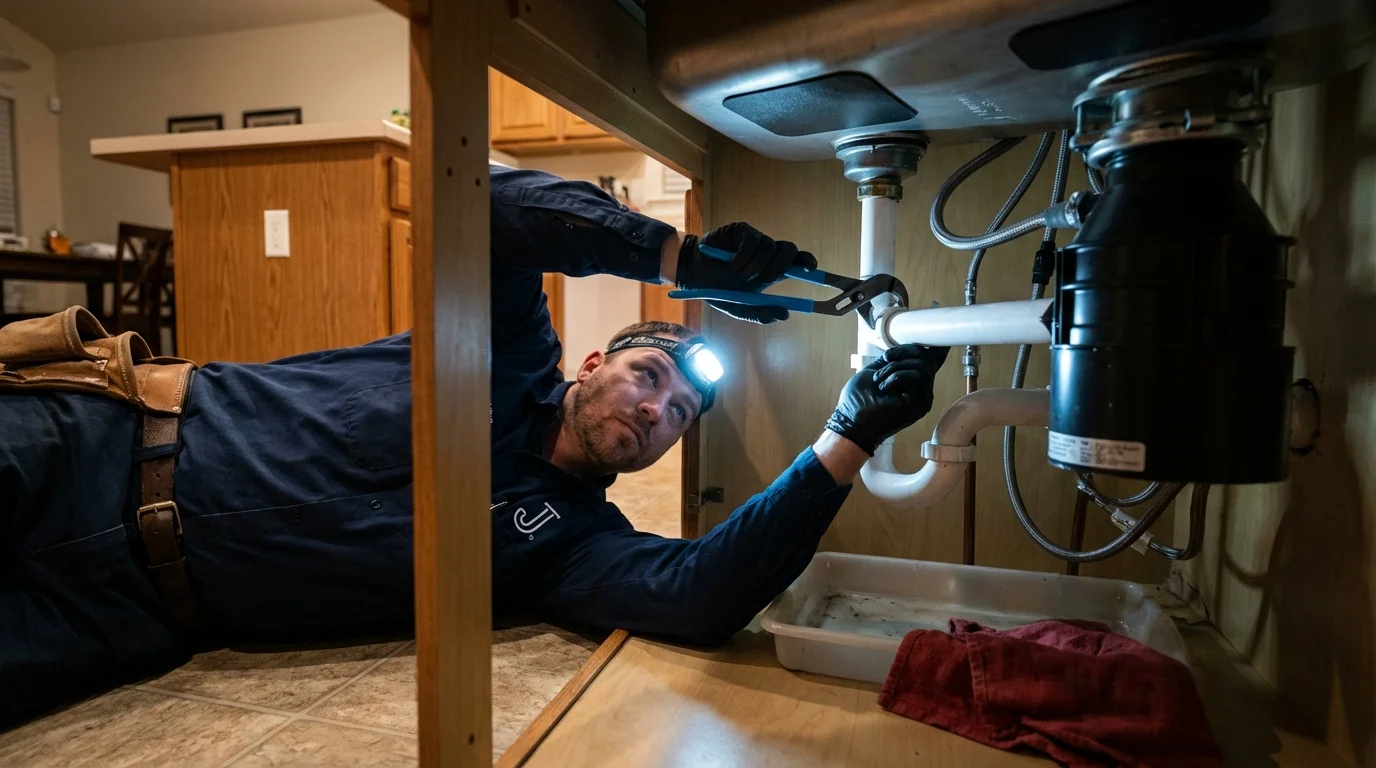 P-trap and supply line connections under a kitchen sink showing a common leak point in Ozark, MO